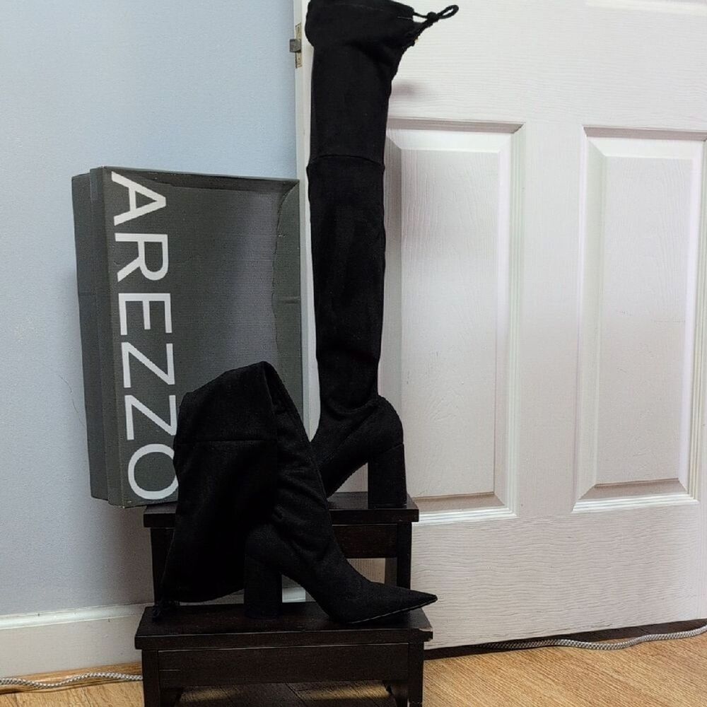 Arezzo Serenity Black Over-the-Knee Boots Textile Fabric Suede Tie Top Sz 7B NEW